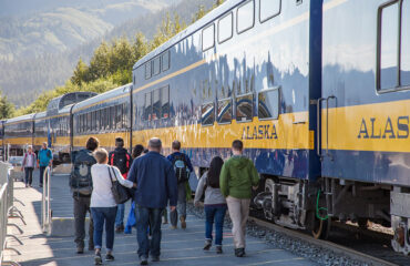 Tourists boarding Alaska Rail